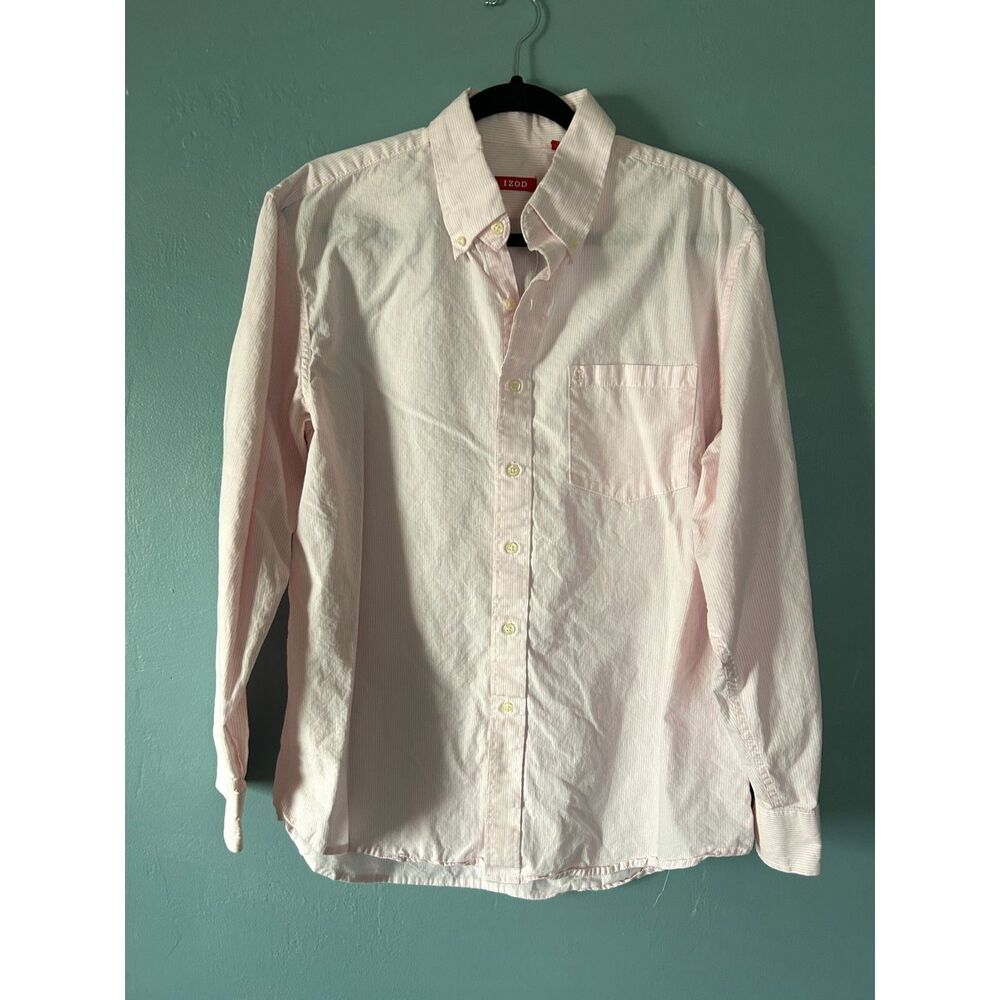 Izod men's pink & white strip long sleeve button down cotton shirt size large